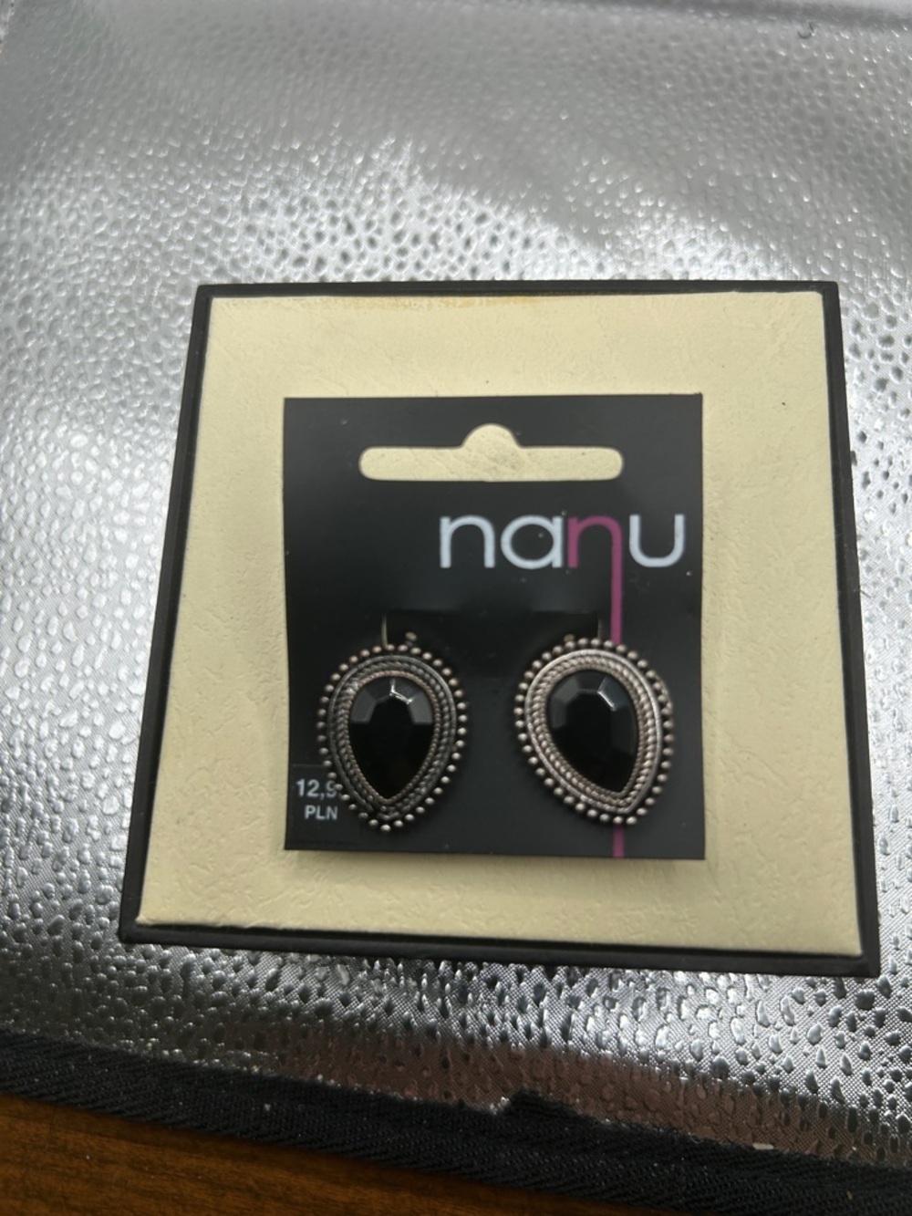 Nanu teardrop earrings faceted black stone pear shape vintage inspired dressy